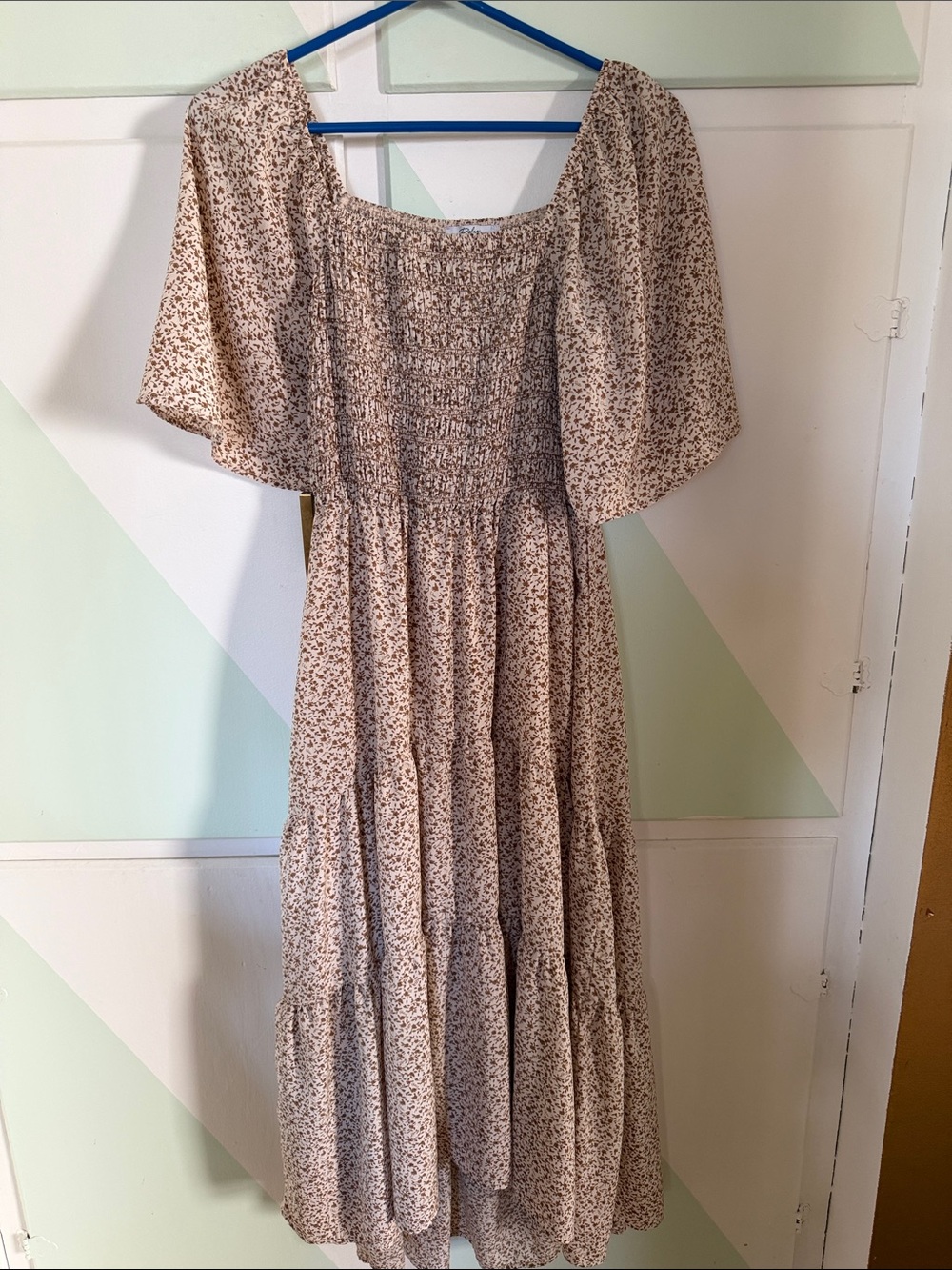 Polagram Beige Floral Smocked Maxi Dress